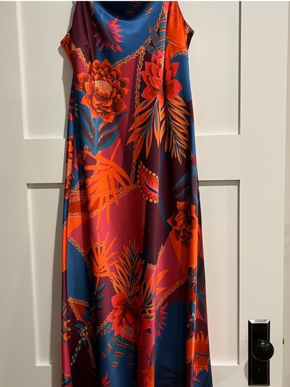 Floral Satin Midi Dress Spaghetti Straps